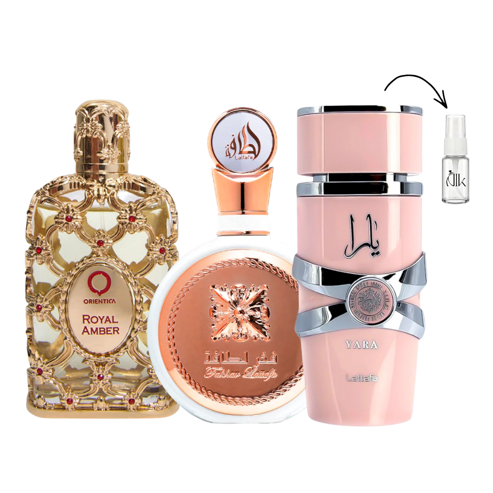 Combo 3 Decants de 5ml – Yara, Fakhar Rose e Royal Amber