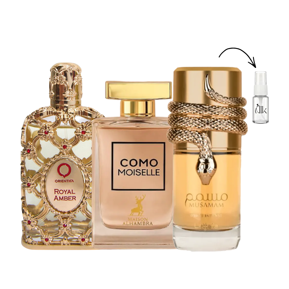 Combo 3 Decant de 5ml - Musamam White Intense, Royal Amber e Como Moiselle