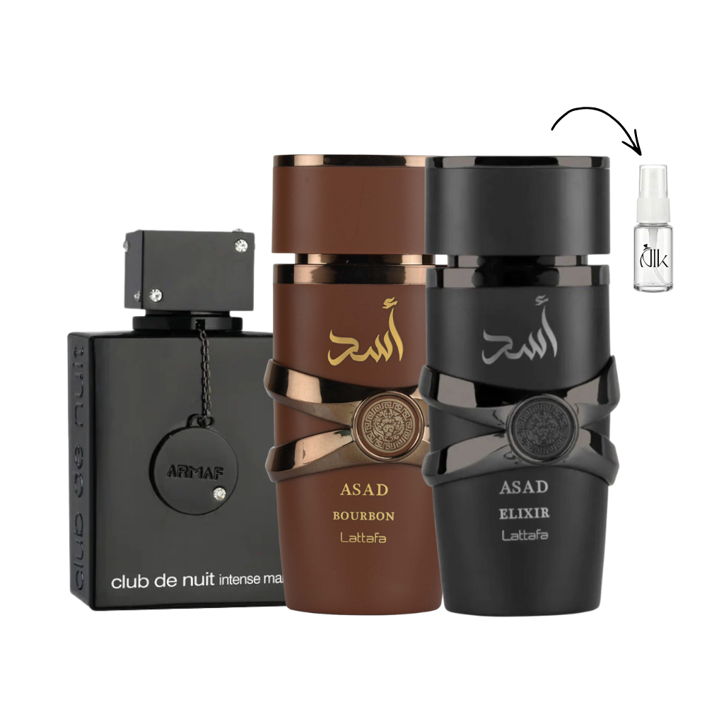 Combo 3 Decant de 5ml – Asad Elixir, Asad Bourbon e Club de Nuit Intense Man
