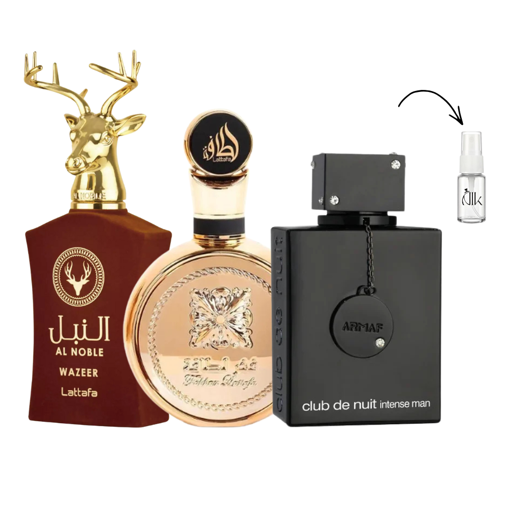 Combo 3 Decants de 5ml – Al Noble Wazeer, Club de Nuit Intense Man e Fakhar Gold
