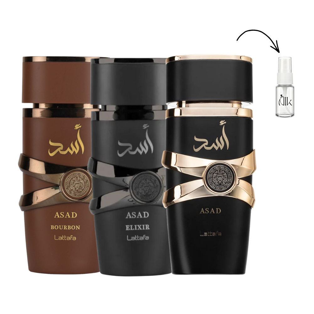 Combo 3 Decants de 5ml – Asad Black, Asad Bourbon e Asad Elixir