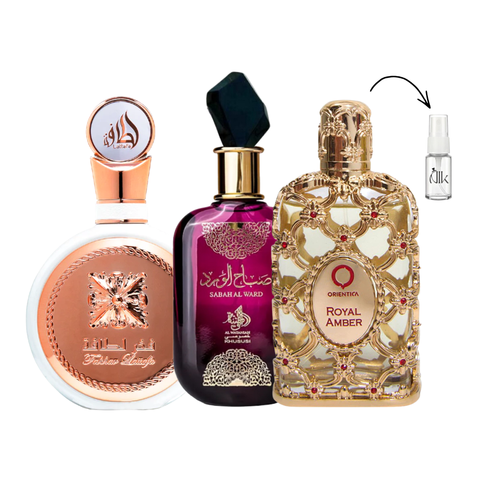 Combo 3 Decants de 5ml – Fakhar Rose, Royal Amber e Sabah Al Ward