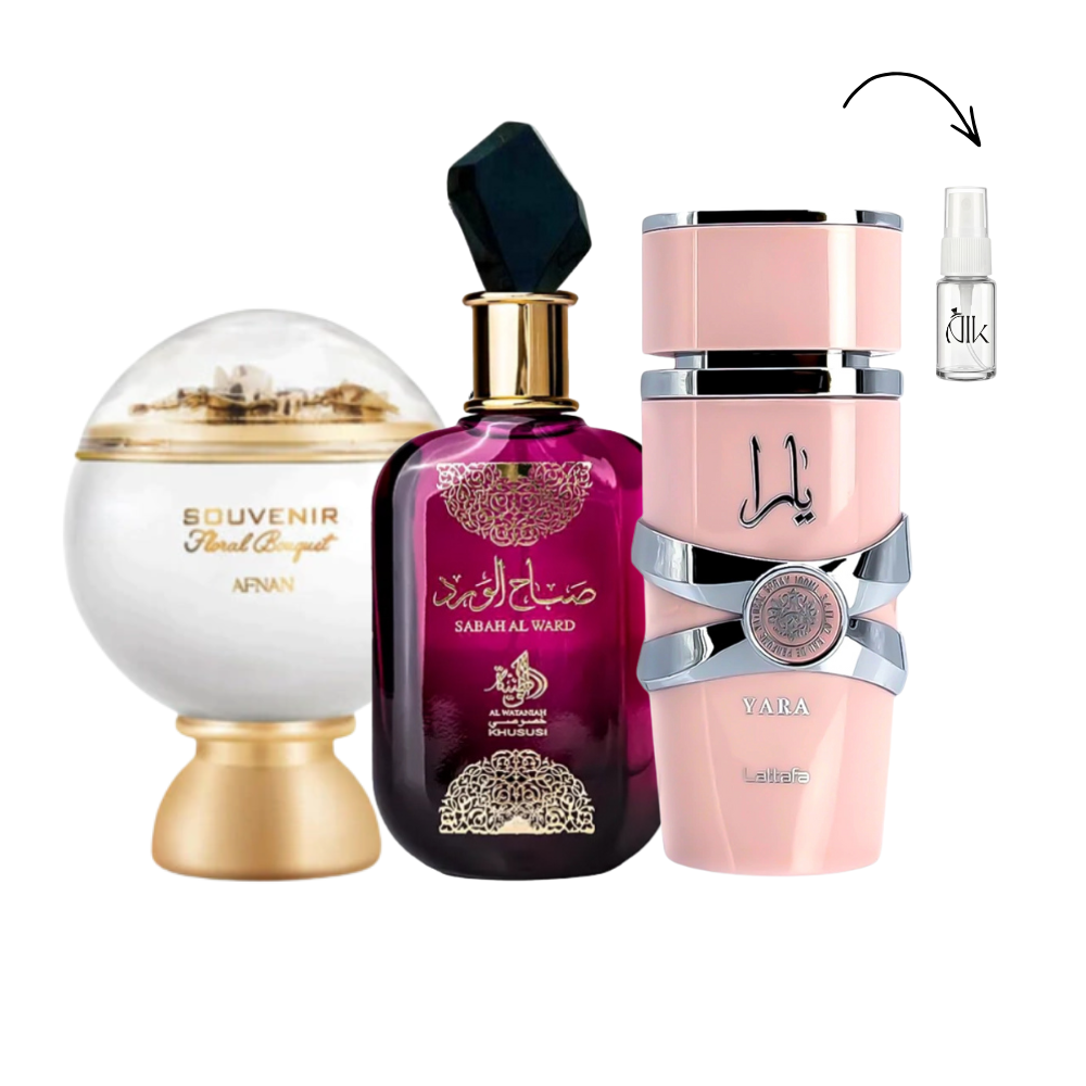 Combo 3 Decants de 5ml – Yara, Sabah Al Ward e Souvenir Floral