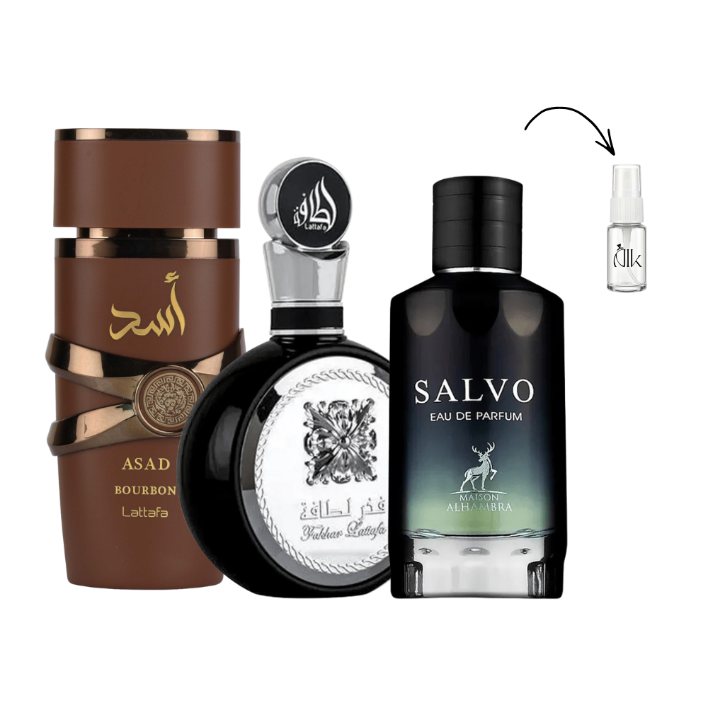 Combo 3 Decants de 5ml – Asad Bourbon, Fakhar Black e Salvo