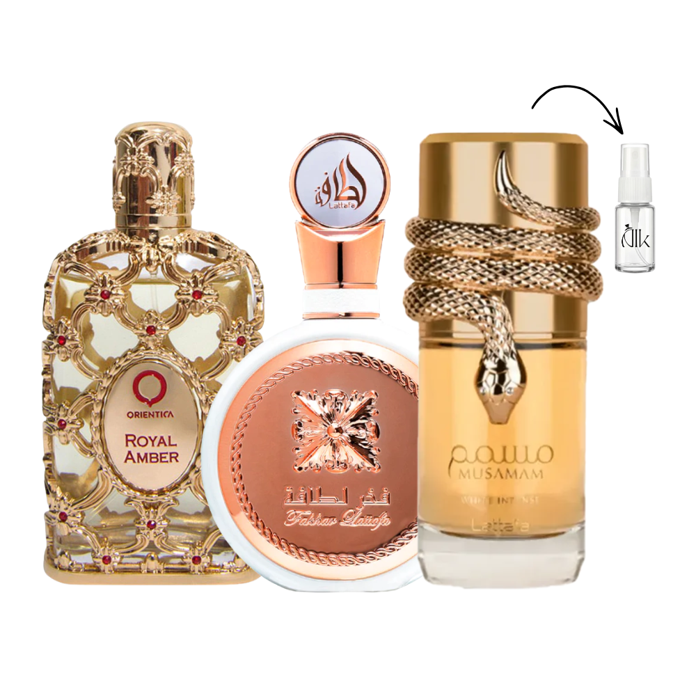 Combo 3 Decants de 5ml – Musamam White, Royal Amber e Fakhar Rose