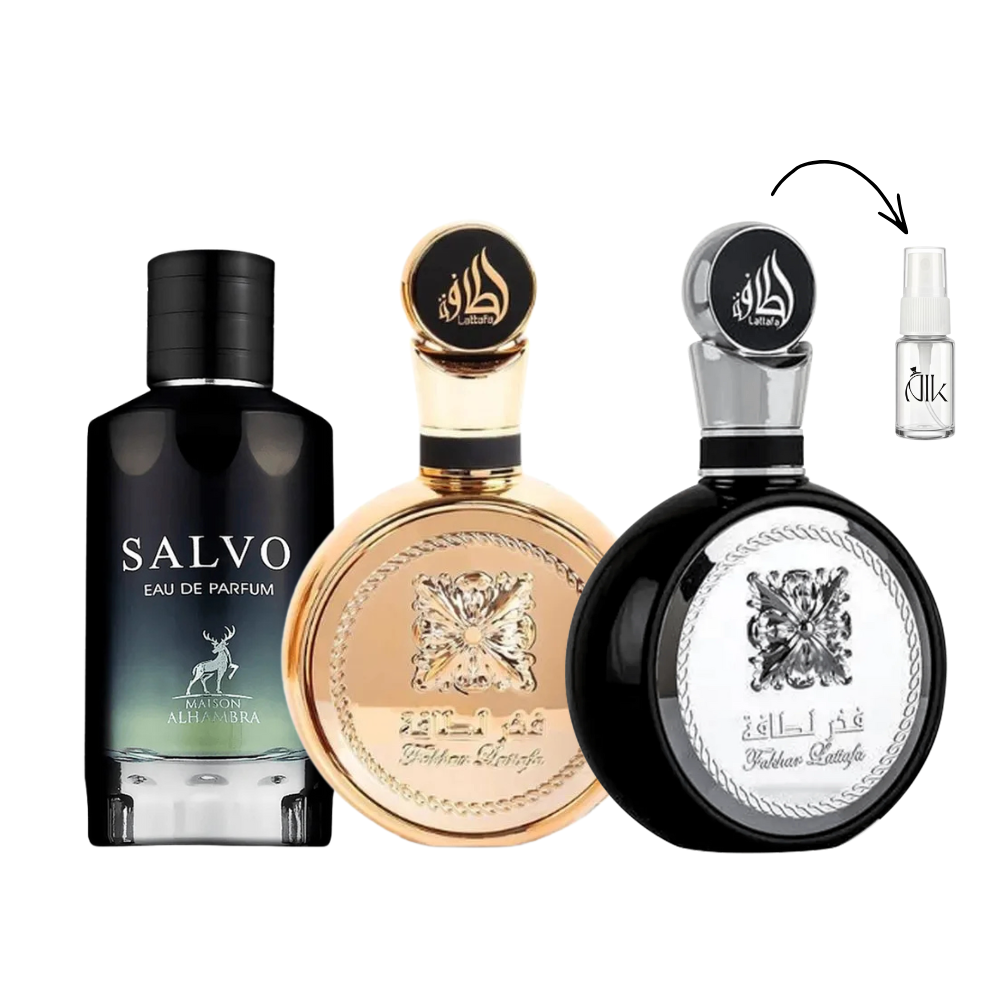 Combo 3 Decants de 5ml – Salvo, Fakhar Black e Fakhar Gold
